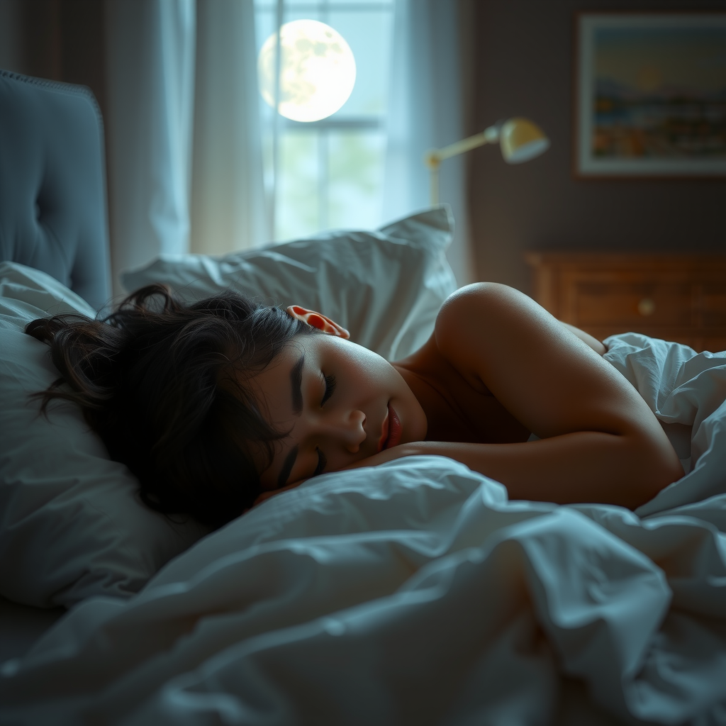 静かな寝室で深い眠りについている人。柔らかな月明かりが差し込み、快適なベッドリネンと落ち着いた色調の部屋が安らぎを演出している様子