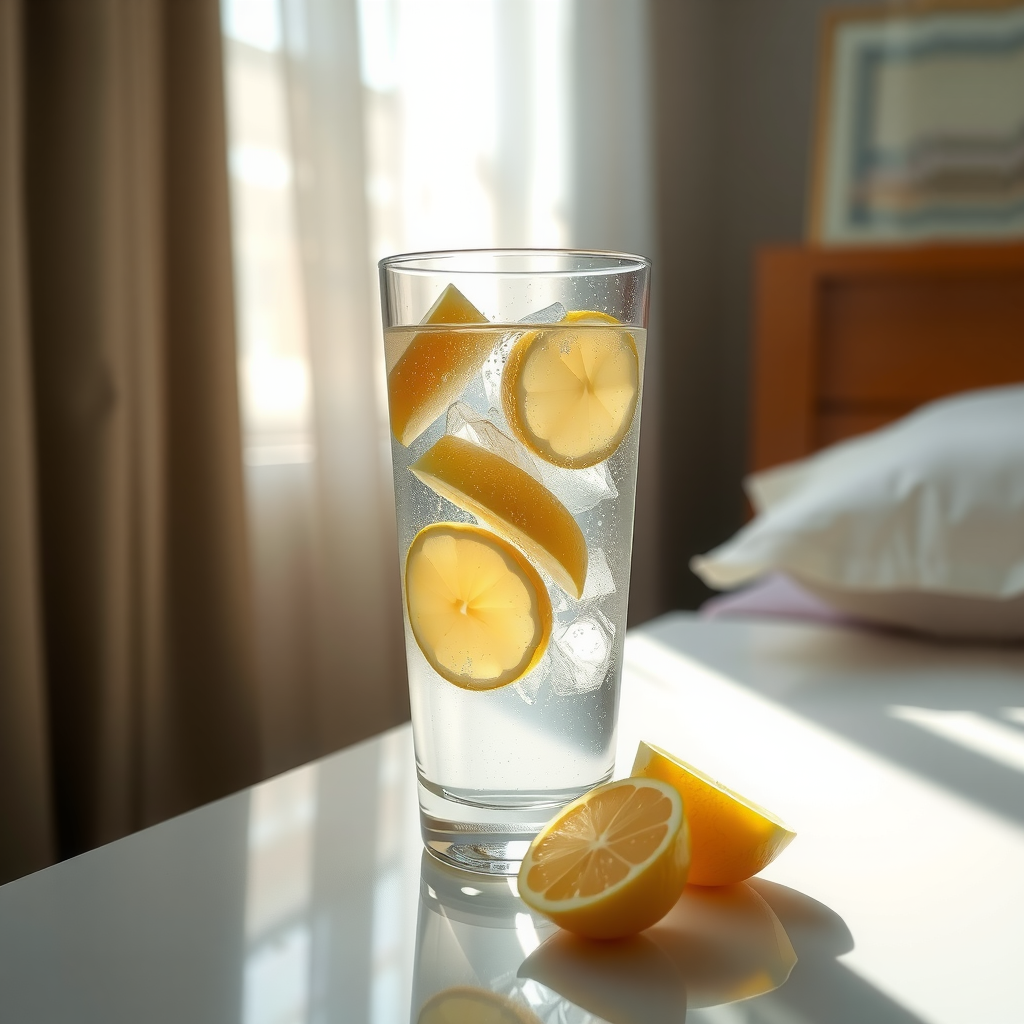 朝の光が差し込むベッドサイドテーブルに置かれた、レモンスライスが入った新鮮な水のグラス。清潔で明るい雰囲気