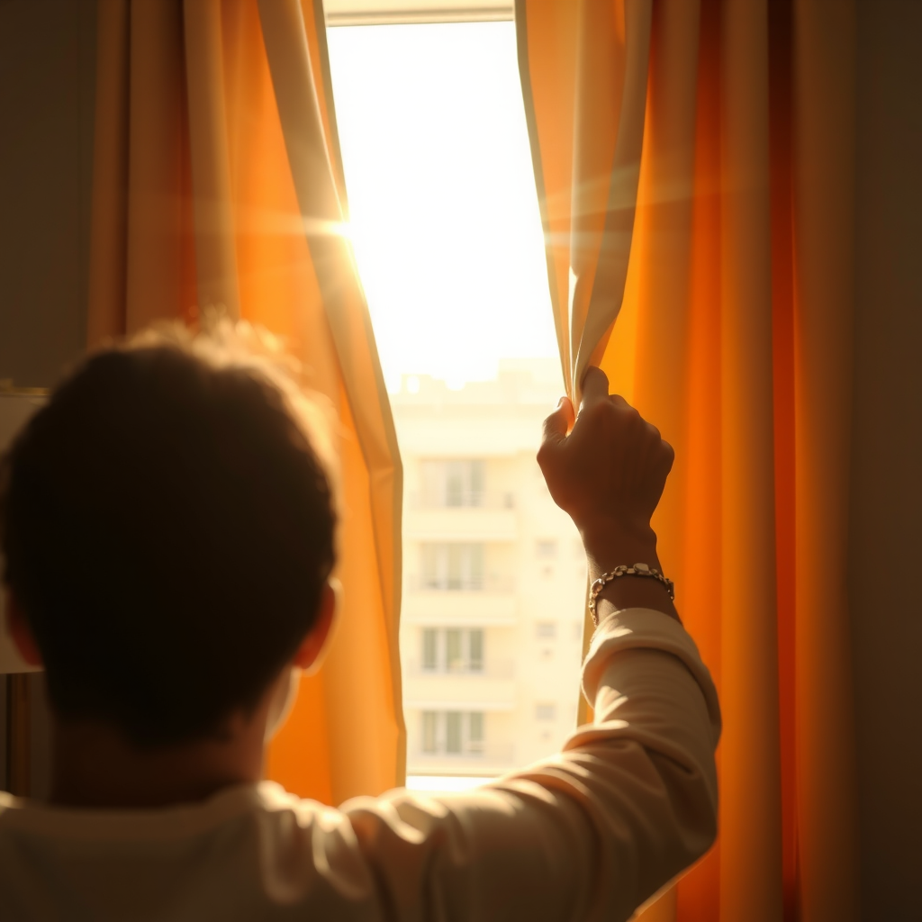 窓から差し込む明るい朝日に向かってカーテンを開ける人物。部屋全体が自然光で満たされている様子