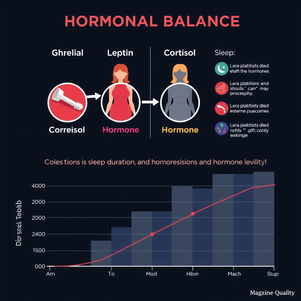 グレリン、レプチン、コルチゾールなどのホルモンバランスを示すインフォグラフィック。睡眠時間とホルモンレベルの関係を視覚的に表現したチャート