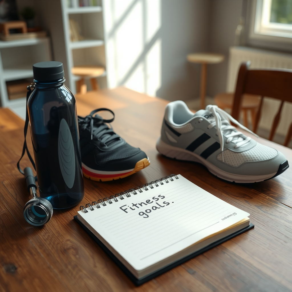 木製テーブルの上に置かれたフィットネス目標が書かれたジャーナル、水筒、スニーカー。柔らかな自然光が差し込む