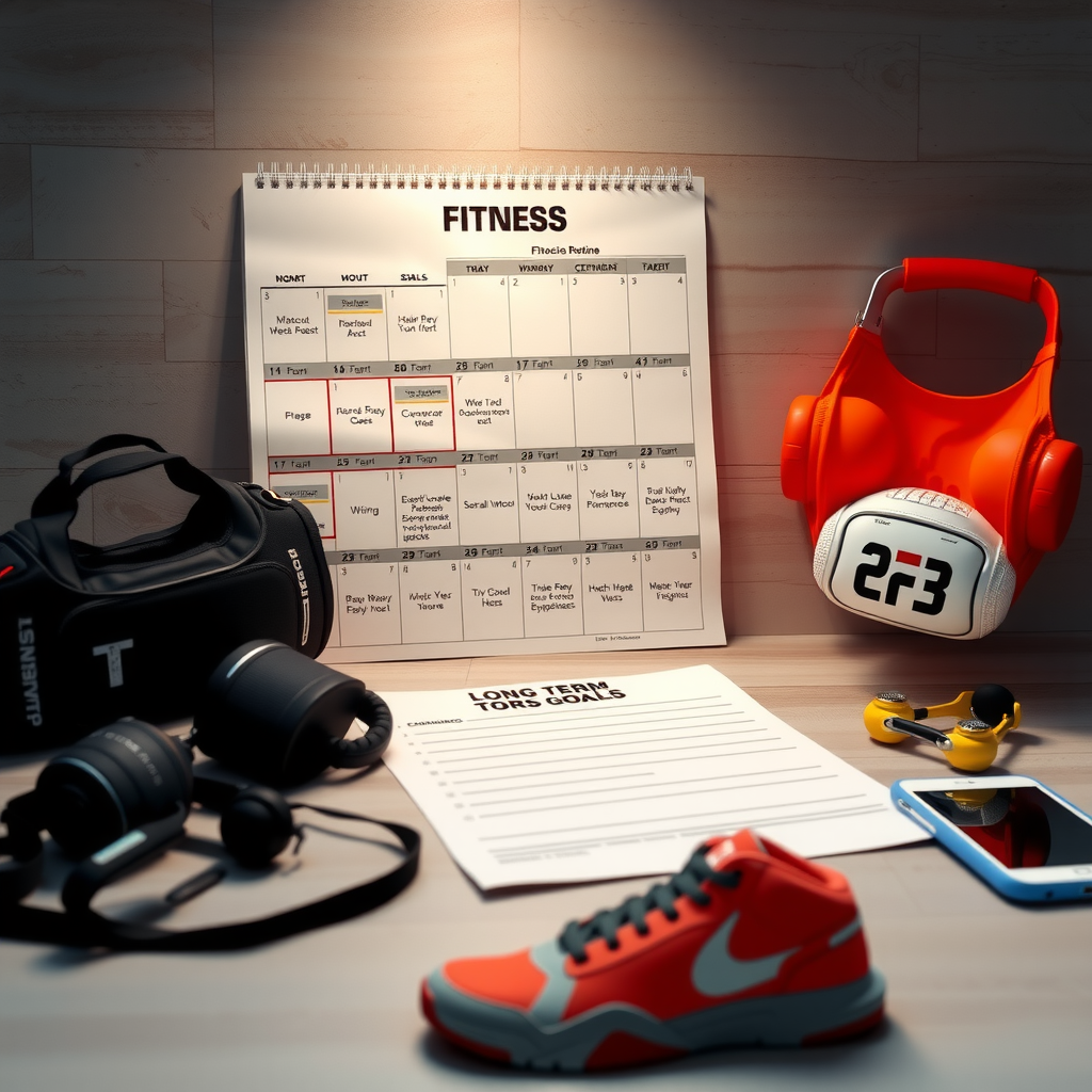 フィットネスルーティン、エクササイズ習慣トラッキングカレンダー、ワークアウトギア、モチベーション、長期目標を示すインスピレーショナルな空間