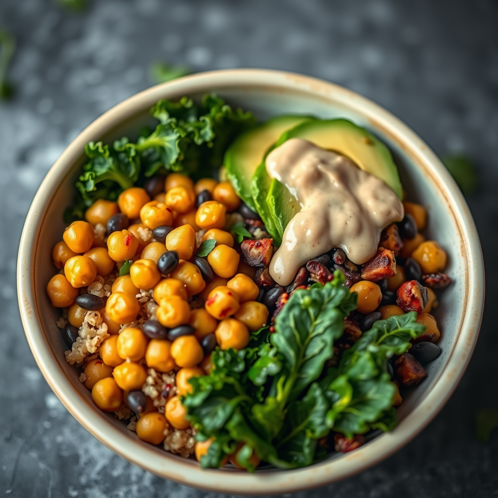 セラミックボウルに入った、ローストひよこ豆、アボカド、ケール、タヒニドレッシングを添えたカラフルなキヌアボウル