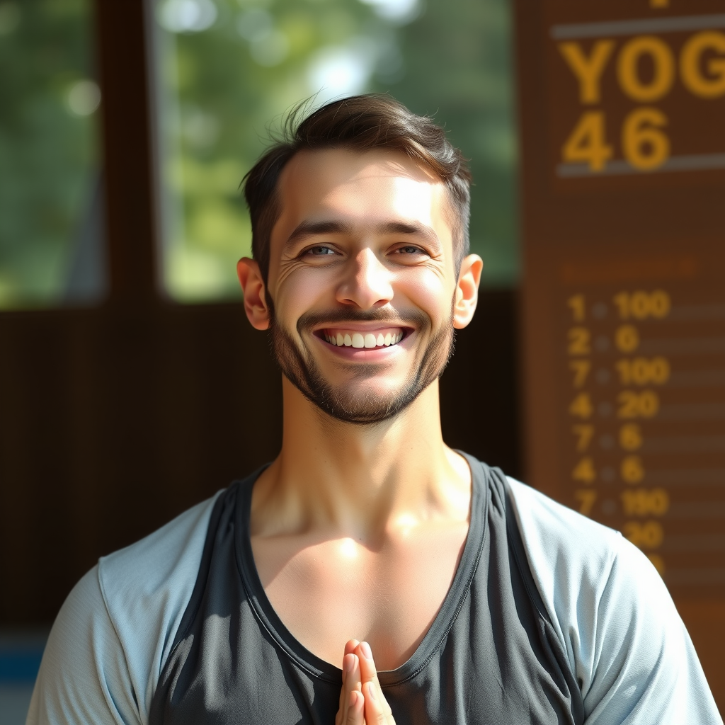 笑顔の男性、ヨガインストラクター、リラックスした服装、自然光の入る背景