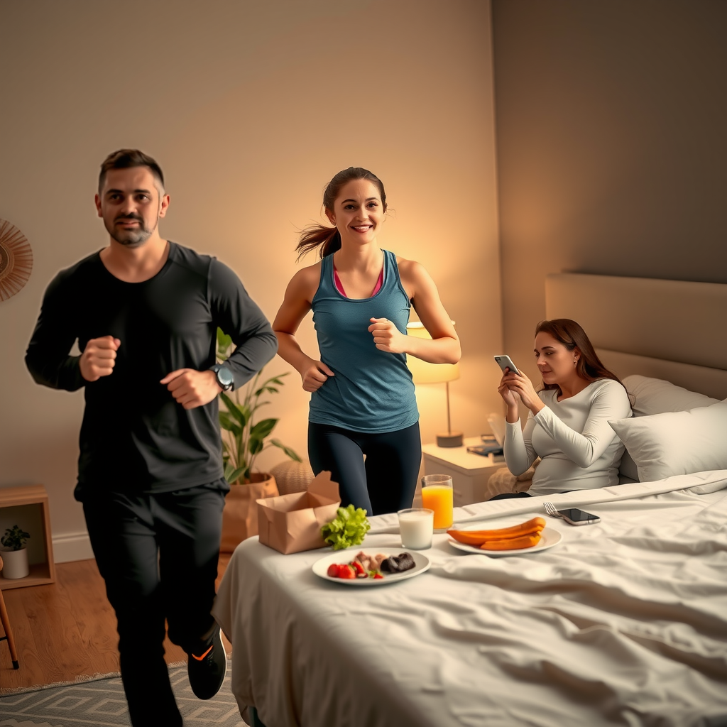 健康的なライフスタイルを実践している人々。朝のジョギング、バランスの取れた食事、リラックスした睡眠など、睡眠・運動・栄養の統合的なアプローチを視覚的に表現した画像