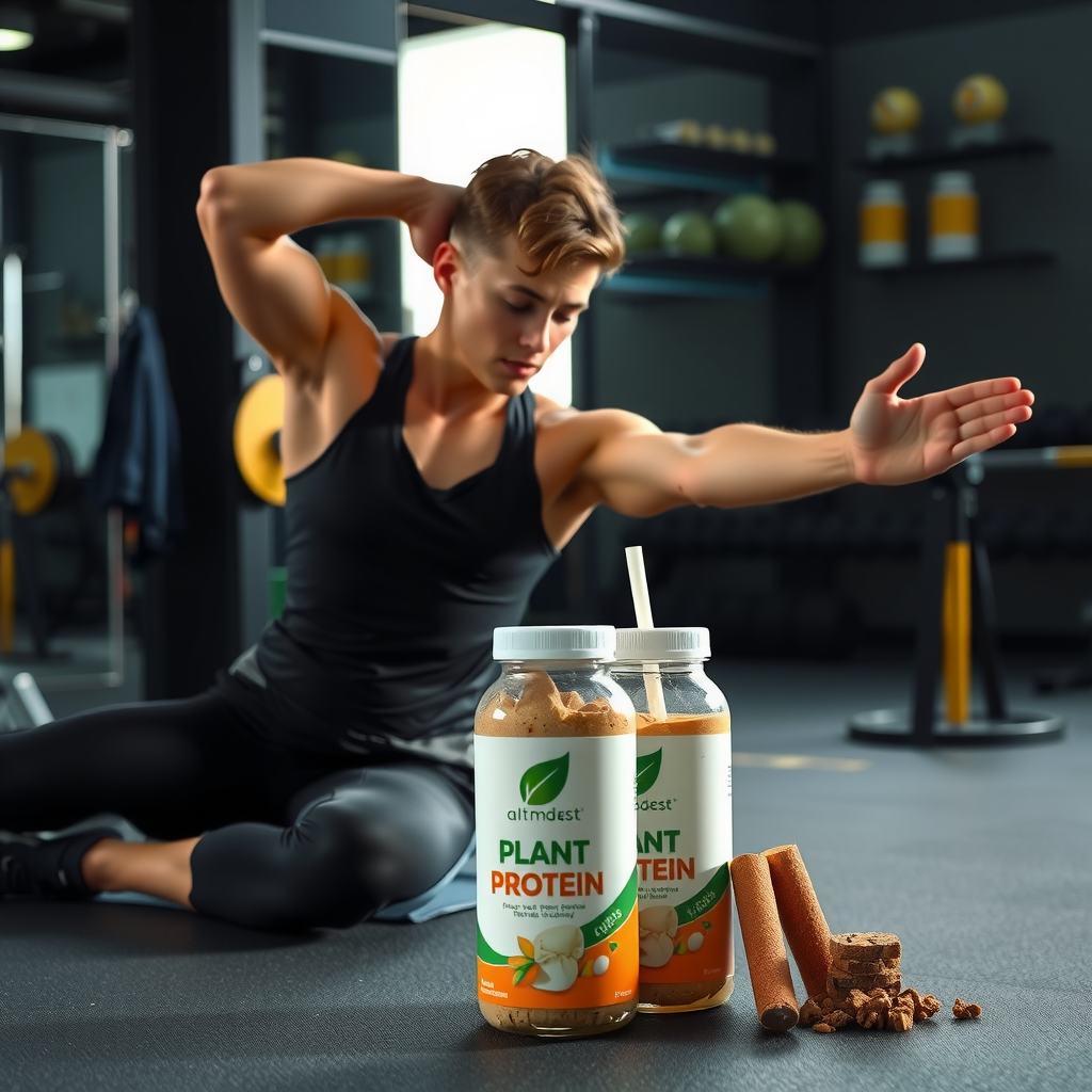 ジムの環境で、近くに植物性プロテインシェイクを置いて運動後のストレッチをするアスリート