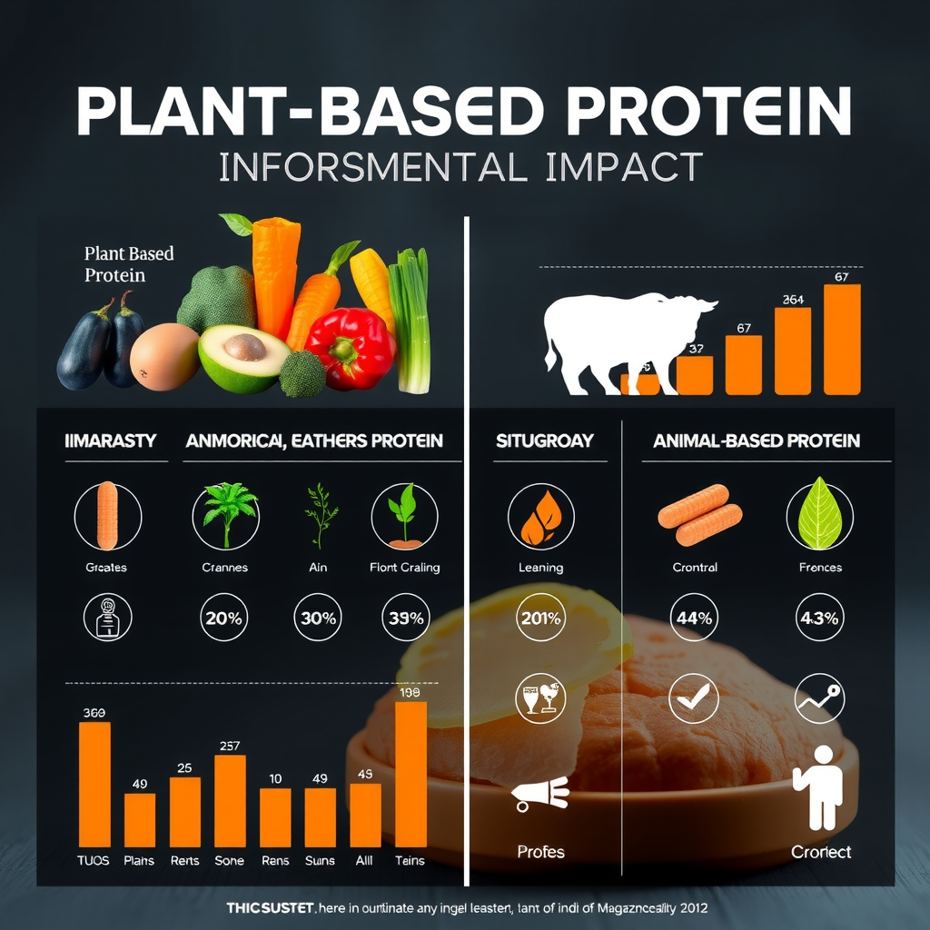 チャートとアイコンを使った植物性タンパク質と動物性タンパク質の環境影響を比較するインフォグラフィック