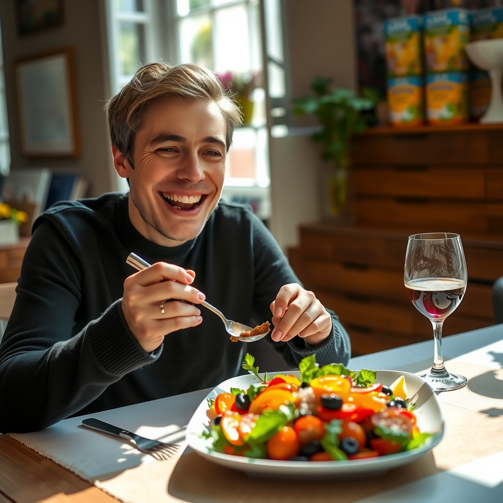 自然光の下、ダイニングテーブルでカラフルな植物性食事を楽しむ幸せな人